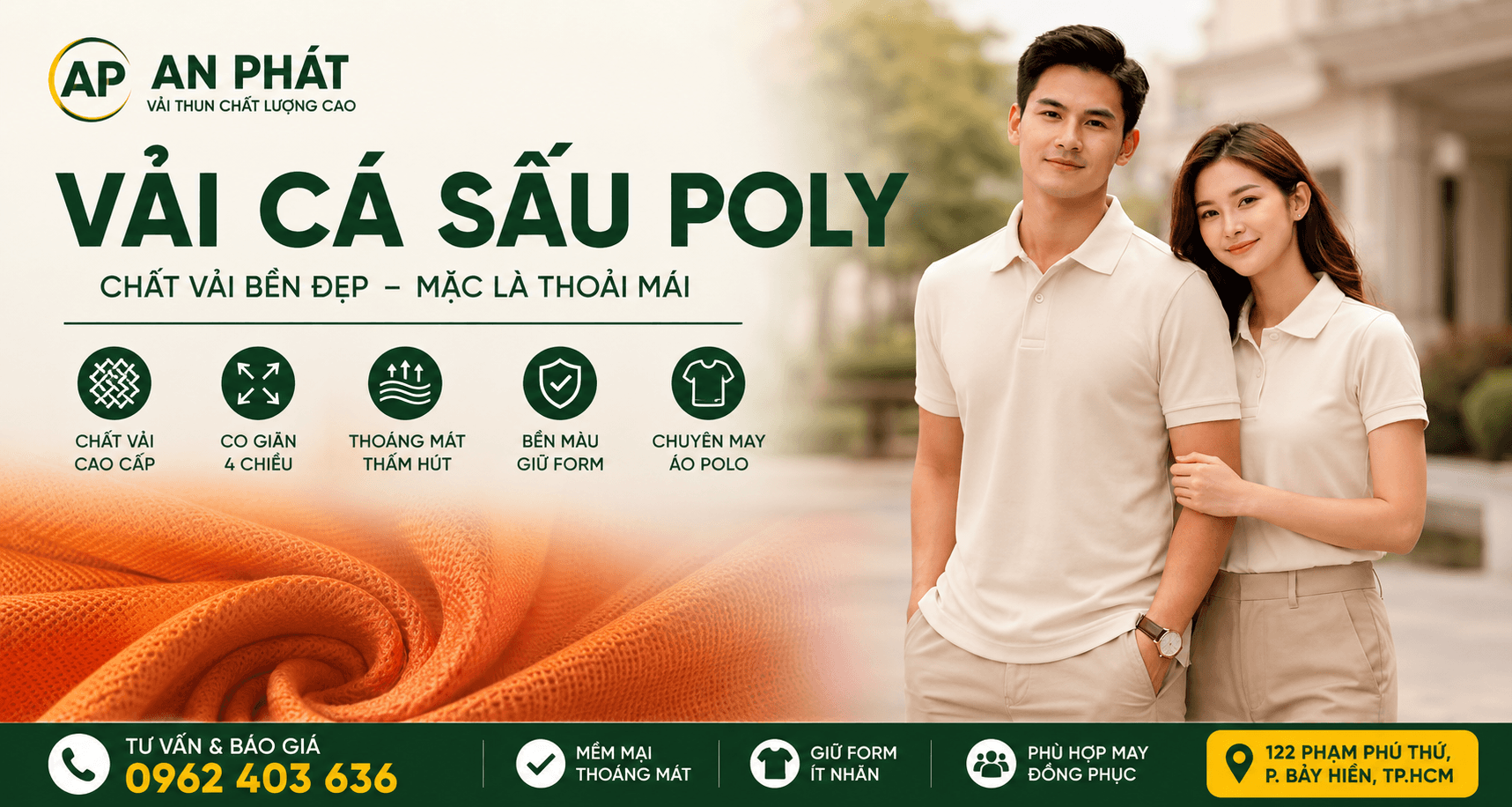 Vải cá sấu Poly có nóng không? Tìm hiểu ưu nhược điểm, khả năng thoáng khí, ứng dụng thực tế và cách chọn đúng chất liệu từ xưởng dệt An Phát.